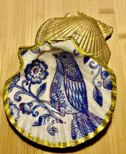 Decoupage Scallop Shell Trinket holder  ~ Blue Bird design